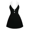 Miss Circle New York Women's Black / White Ignacia Office Casual Black & White Halter Mini A-line Dress
