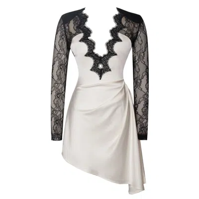 Miss Circle New York Women's Black / White Reese Black Lace Sleeve White Satin Midi Dress
