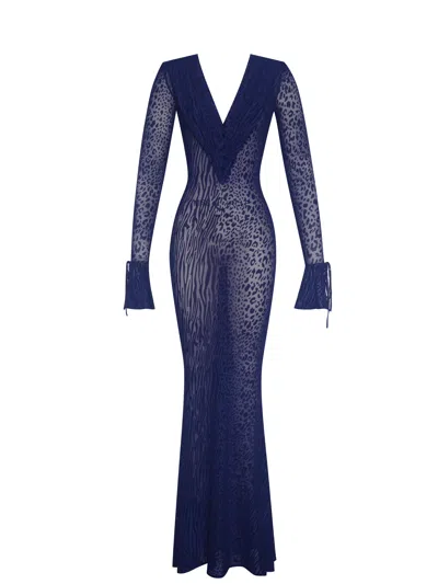 Miss Circle New York Women's Blue Ilyse Navy V-neck Plunge Animal Print Mermaid Hem Maxi Dress
