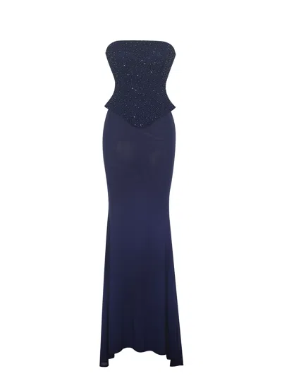 Miss Circle New York Women's Blue Orabelle Navy Beaded Peplum Mermaid Maxi Gown With Lace-up Back