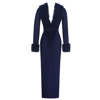 Miss Circle New York Women's Blue Romina Navy Plunging Fur Trimmed Crochet Maxi Dress