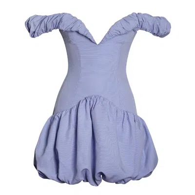 Miss Circle New York Women's Blue Sablee Checkered Puffy Off Shoulder Trim Bubble Hem Mini Dress