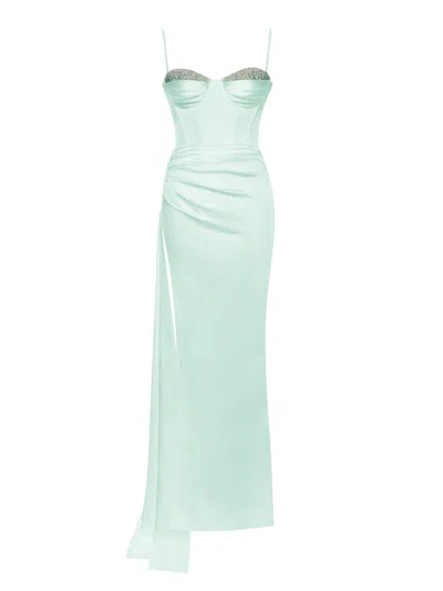 Miss Circle New York Women's Blue Vanity Mint Satin High Slit Draping Corset Gown With Crystals