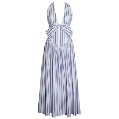 Miss Circle New York Women's Blue / White Mackenna Navy Stripe Halter Smock Back Maxi Dress