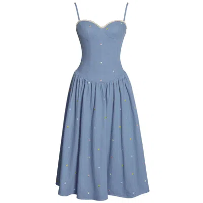 Miss Circle New York Women's Blue Zadie Cotton Denim Drop Waist Embroidery Flower Midi Dress
