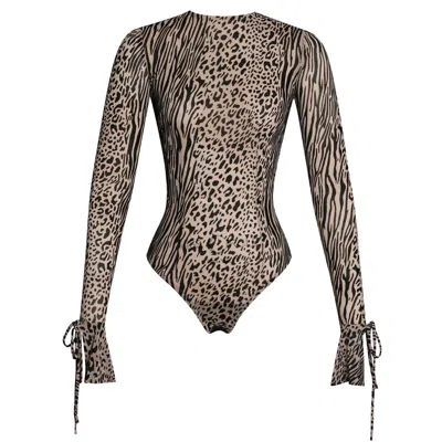 Miss Circle New York Women's Brown Ibera Animal Print Burnout Velvet Long Sleeve Bodysuit