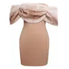 Miss Circle New York Women's Brown Nadira Off Shoulder Fur Trim Mini Dress In Brown