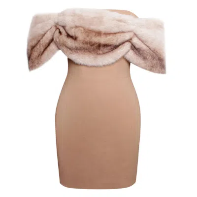 Miss Circle New York Women's Brown Nadira Off Shoulder Fur Trim Mini Dress