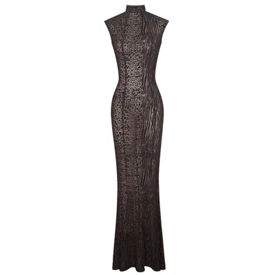 Miss Circle New York Women's Brown Tyanna Mocha Burnout Velvet Mesh Backless Mermaid Maxi Dress