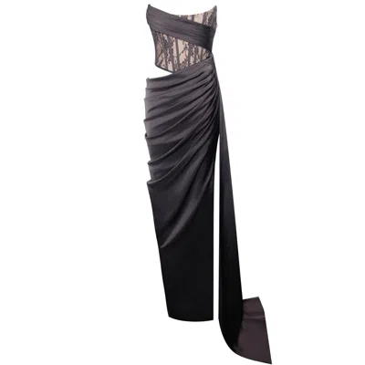 Miss Circle New York Women's Callie Black Lace Satin Corset High Slit Gown