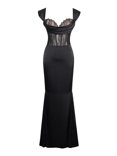 Miss Circle New York Women's Callista Black Satin Lace Corset Maxi Dress