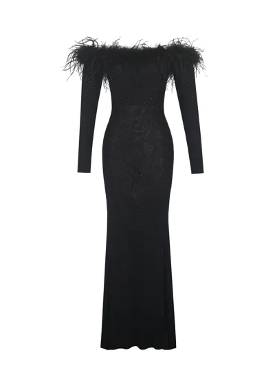 Miss Circle New York Women's Emberly Black Fur Trimmed Off-shoulder Rhinestone Mermaid Maxi Dress