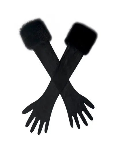 Miss Circle New York Women's Eve Black Fur-trimmed Mesh Opera-length Gloves