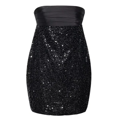 Miss Circle New York Women's Felina Black Satin Sequin Pearls Beaded Mini Dress