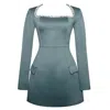 Miss Circle New York Women's Gabella Dark Green Long Sleeve A-line Mini Dress With Crystal Trim In Green