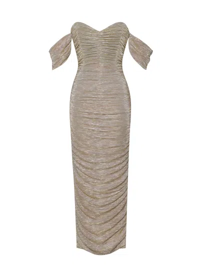 Miss Circle New York Women's Gene Gold Ruched Off Shoulder Chiffon Dress