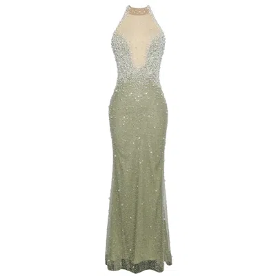 Miss Circle New York Women's Ginny Pear Green Pearl Embellished Backless Gown