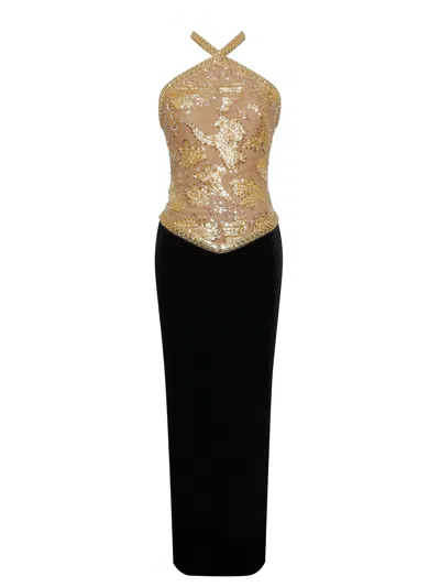 Miss Circle New York Women's Gold / Black Gazelle Gold Embroidered Vintage Style Maxi Dress