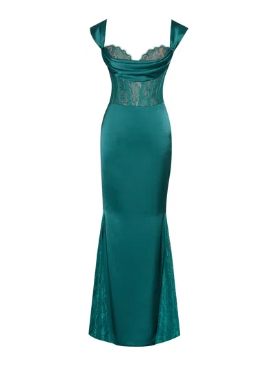 Miss Circle New York Women's Green Callista Teal Satin Lace Corset Maxi Dress