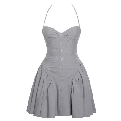 Miss Circle New York Women's Grey Melody Gray Stripe Halter Drop Waist Mini Dress