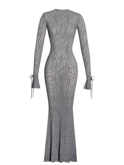 Miss Circle New York Women's Grey Waylynn Gray Animal Print Burnout Velvet Detail Mesh Backless Maxi Dress