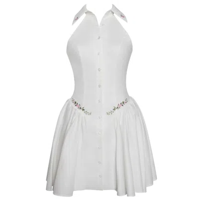 Miss Circle New York Women's Hailey White Embroidered Collared Halter Drop Waist Mini Dress