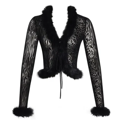 Miss Circle New York Women's Hali Black Animal Print Burnout Velvet Fur Trim Top