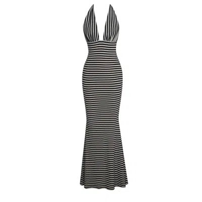 Miss Circle New York Women's Hannah Almond & Black Lyocell Jersey Striped Mermaid Maxi Dress