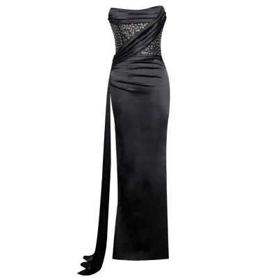 Miss Circle New York Women's Holly Black Crystallized Corset High Slit Satin Gown