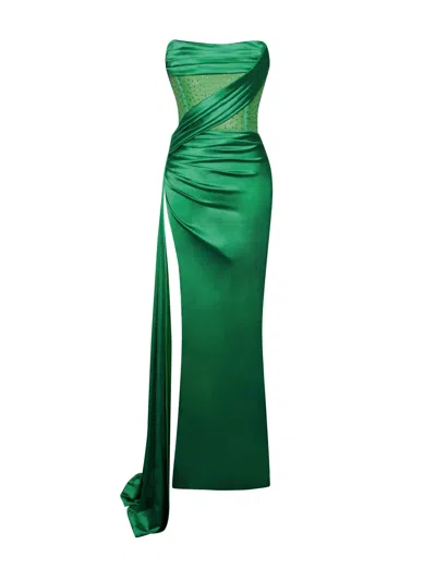 Miss Circle New York Women's Holly Green Crystallized Corset High Slit Satin Gown