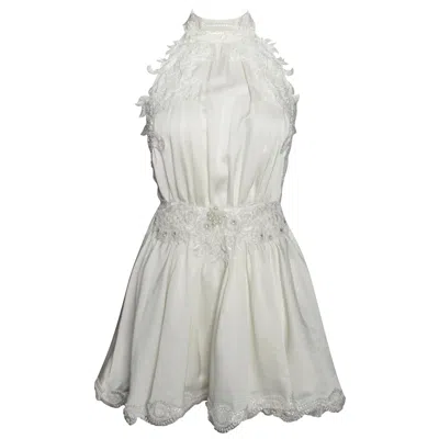 Miss Circle New York Women's Idalia Pearl White Beaded Lace Trim Backless Halter Mini Dress