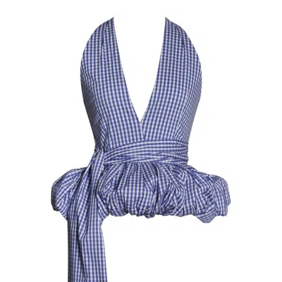 Miss Circle New York Women's Ilene Blue & White Checkered Bubble Hem Halter Top