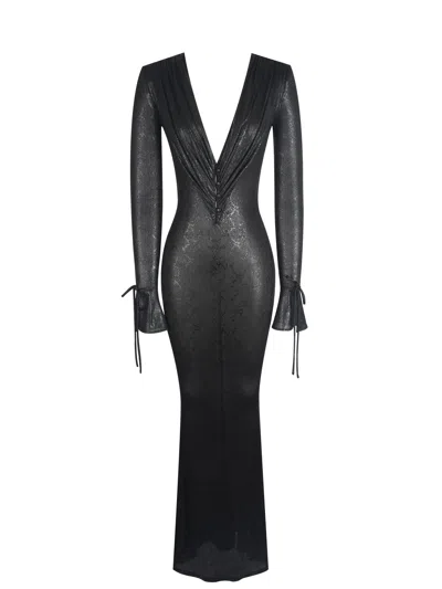 Miss Circle New York Women's Ilysia Black V-neck Plunge Snakeskin Mermaid Hem Maxi Dress