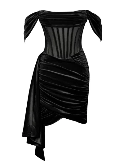Miss Circle New York Women's Irisa Black Draping Off Shoulder Corset Dress