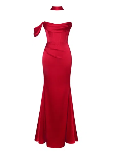 Miss Circle New York Women's Ivona Red Halter Neck Double Duchess Satin Gown