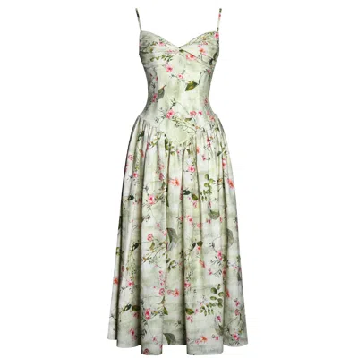Miss Circle New York Women's Jacinda Green Floral Print Ruched Breast Linen Midi Dress