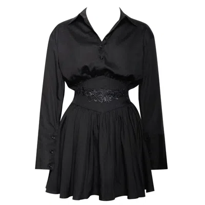 Miss Circle New York Women's Jamila Black Shirt Mini Dress With Embroidered Waist Detail