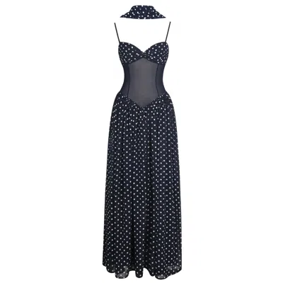 Miss Circle New York Women's Juliette Navy Blue Polka Dot Chiffon Maxi Dress