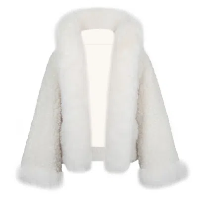 Miss Circle New York Women's Jumbo Kali White Vegan Shearling Fur Trimmed Coat