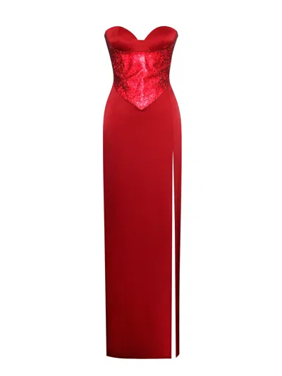 Miss Circle New York Women's Kadesha Red Crystal High Slit Satin Corset Gown