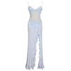 Miss Circle New York Women's Lacy Blue Ruched Breast High Slit Chiffon Dress In Blue