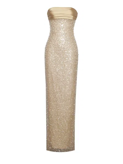 Miss Circle New York Women's Lainey Gold Satin Sequin Pearls Beaded Maxi Dress