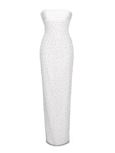 Miss Circle New York Women's Lainey White Satin Sequin Pearls Beaded Maxi Dress