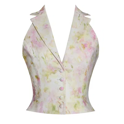 Miss Circle New York Women's Lauren Pink Floral Print Ruched Back Linen Suit Vest