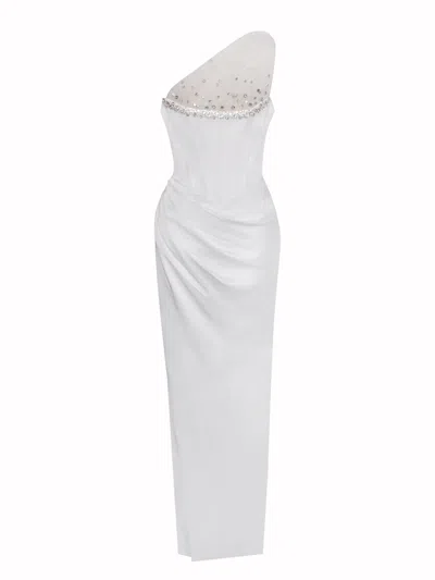 Miss Circle New York Women's Lora White Crystal Embellished Mesh Satin Corset Gown