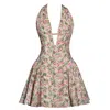 Miss Circle New York Women's Mackenzie Green & Pink Floral Print Halter Linen Mini Dress In Green/pink