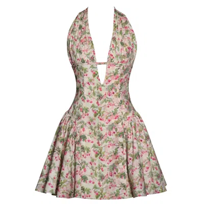 Miss Circle New York Women's Mackenzie Green & Pink Floral Print Halter Linen Mini Dress In Green/pink