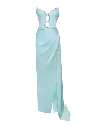 Miss Circle New York Women's Marilyn Pale Blue Satin Crystal Embellished High Slit Gown