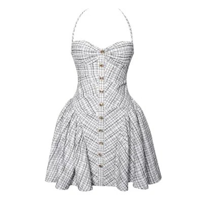 Miss Circle New York Women's Melody Black & White Plaid Tweed Halter Drop Waist Mini Dress