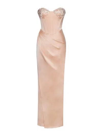 Miss Circle New York Women's Neutrals Amelia Blush Satin Corset Slit Gown With Crystal Embellished